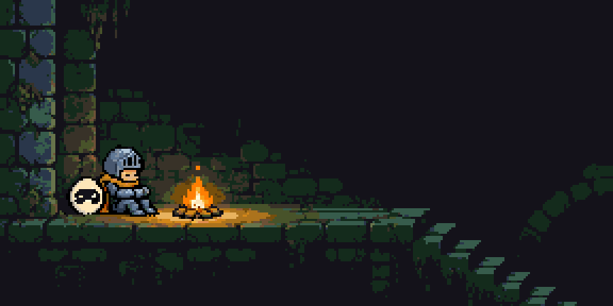 The knight asleep by a campfire in the dungeon