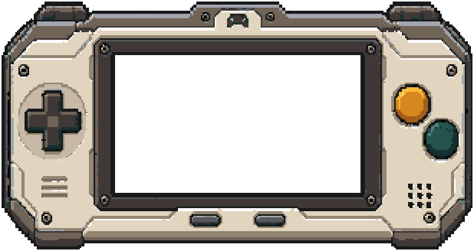 A handheld console: the game screen in the middle, a d-pad on the left, an amber A button and a green B button on the right